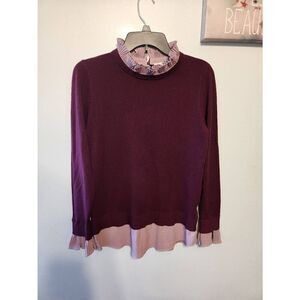 Vila Milano Size L Wool Blend Pleat Neck Mix Media Sweater Maroon